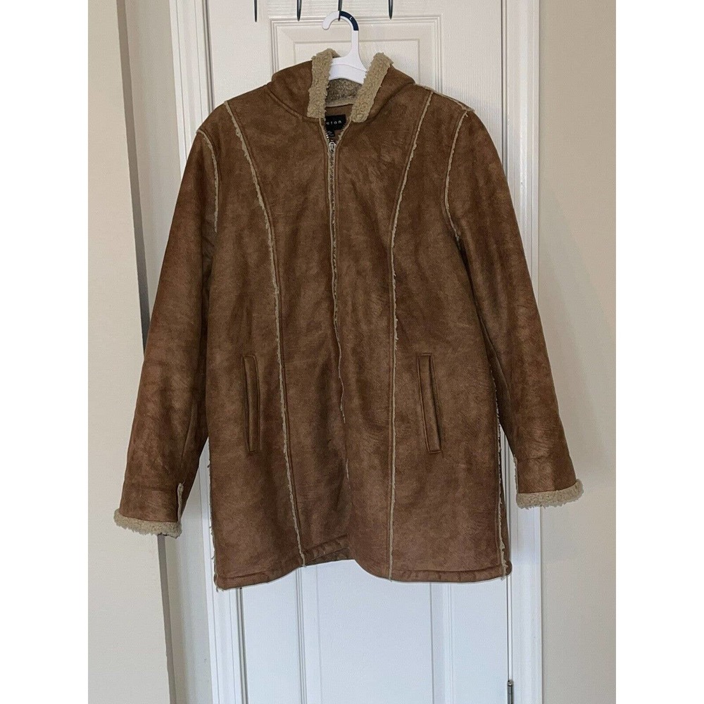 Braetan Women's Faux Suede Sherpa Lined Hooded Full Zip Brown Tan Coat (Size XL)